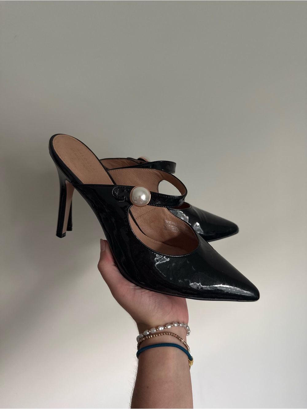 Halogen x Atlantic pacific Black Patent Leather Mules with Pearl Button